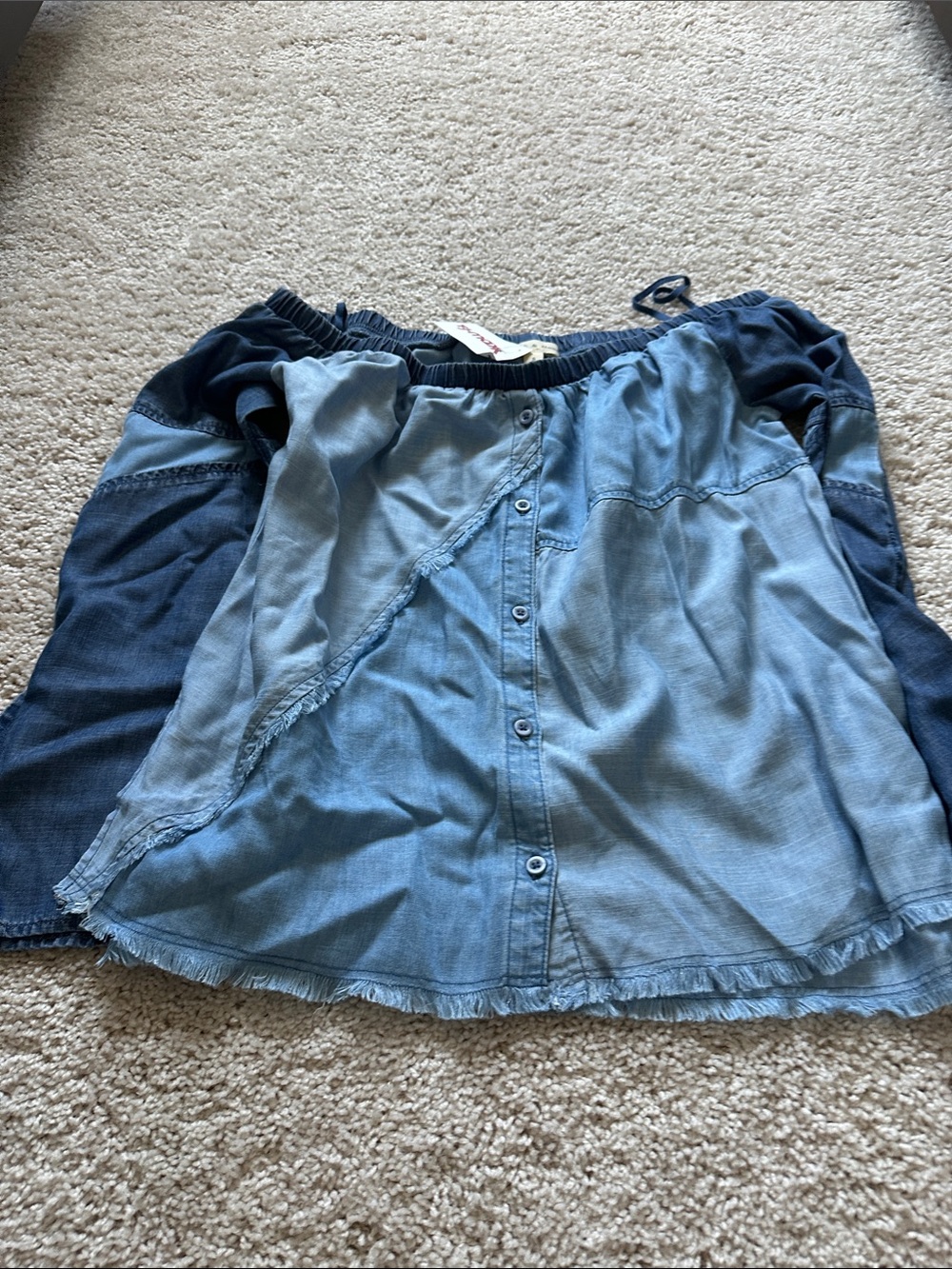 cloth & stone Two-Tone Denim Off-Shoulder Top in Light and Dark Blue